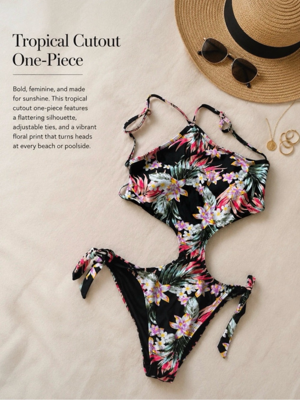 Tropical Cutout One-Piece Kids Swimsuit - Black Floral